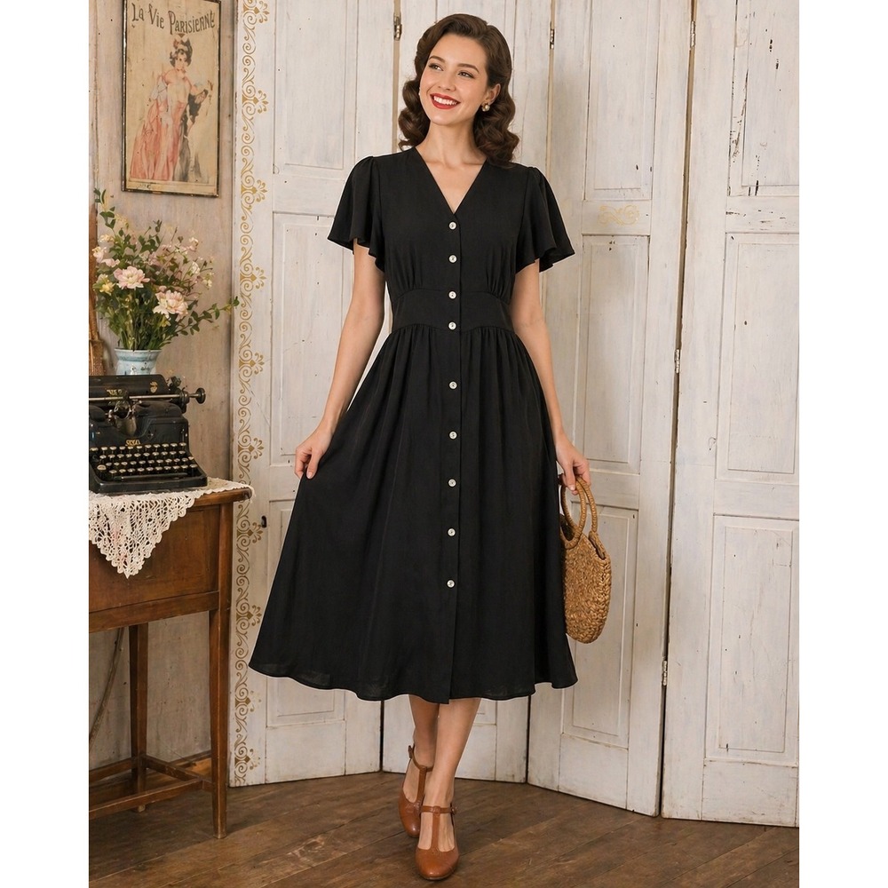 Vintage Inspired Black Silky Midi Dress Button Front Flutter Sleeve Noir Classic